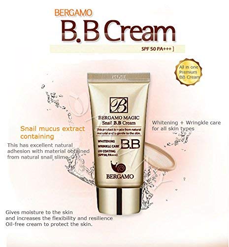 Close-up texture of Bergamo Magic Snail BB Cream 50ml showing creamy finish.