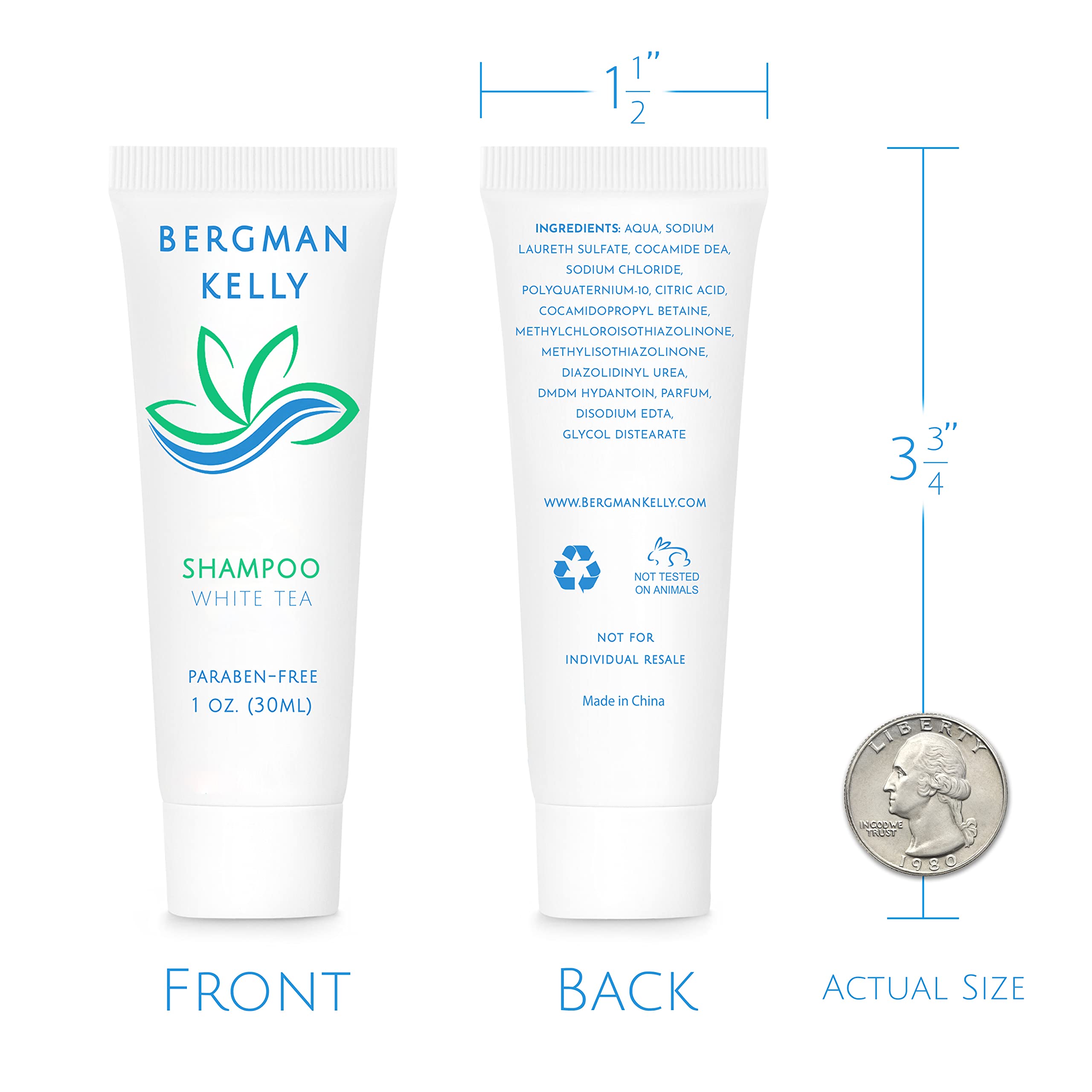 BERGMAN KELLY 1oz hotel shampoo packaging ideal for carry-on travel.