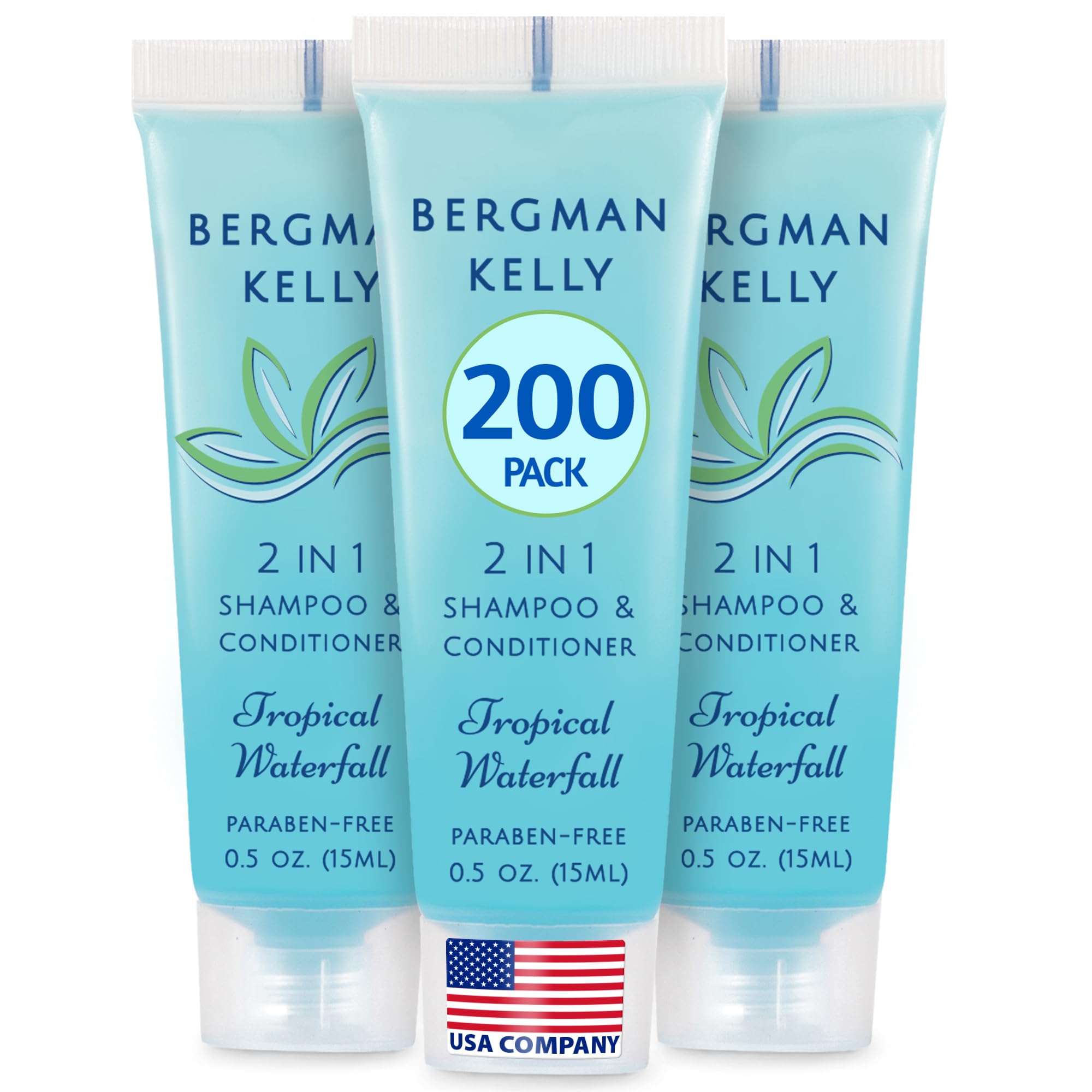 Bergman Kelly travel-size 2-in-1 bottle with tropical waterfall scent for guests