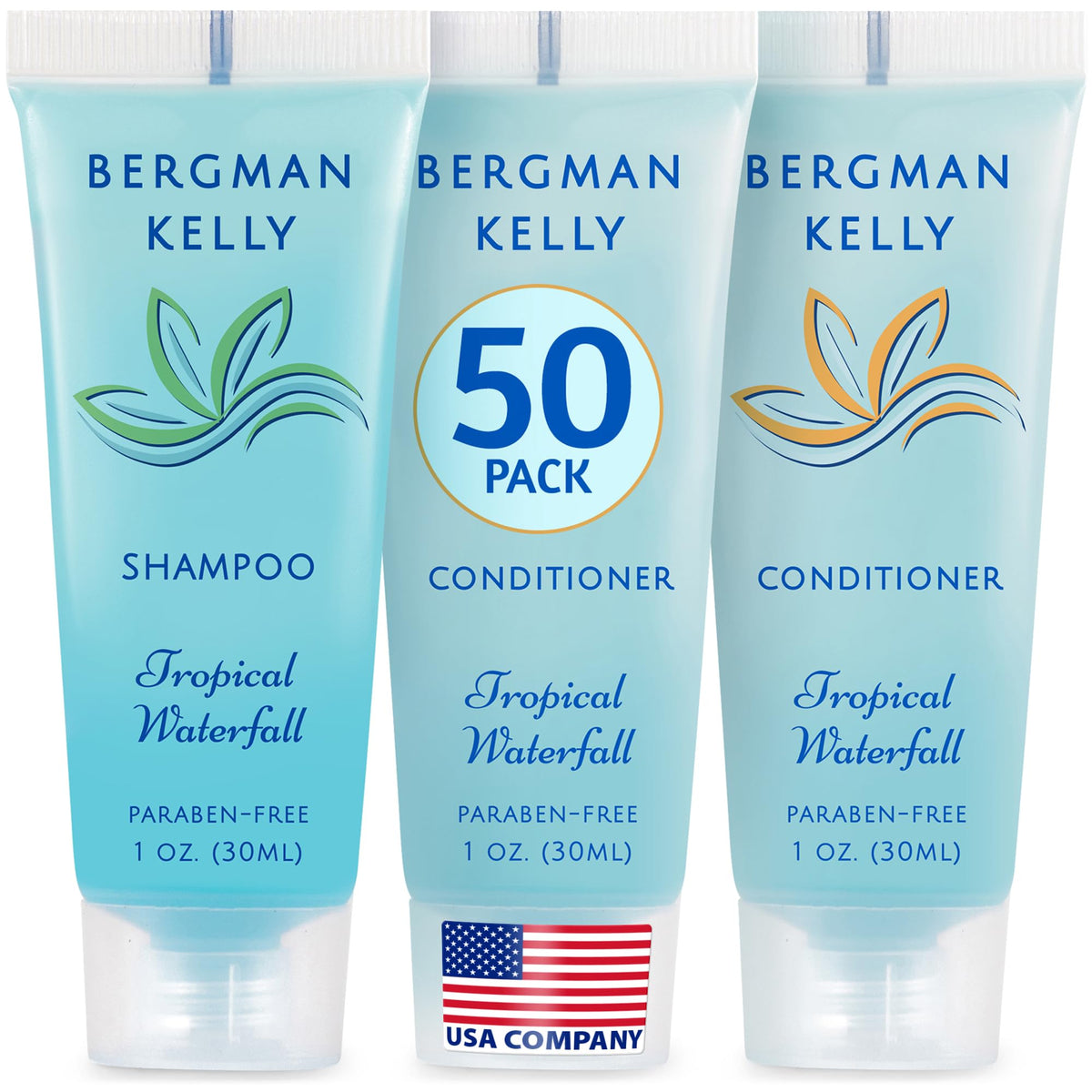 Bergman Kelly travel shampoo 1oz bottle, compact hotel-friendly design for guest use.