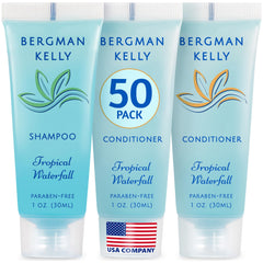 Bergman Kelly travel shampoo 1oz bottle, compact hotel-friendly design for guest use.