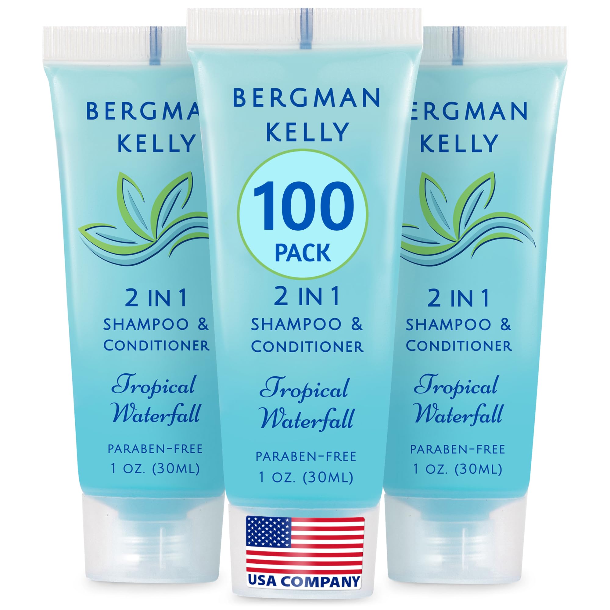 Bergman Kelly travel-size 2-in-1 shampoo and conditioner bottle with tropical waterfall aroma for guests.