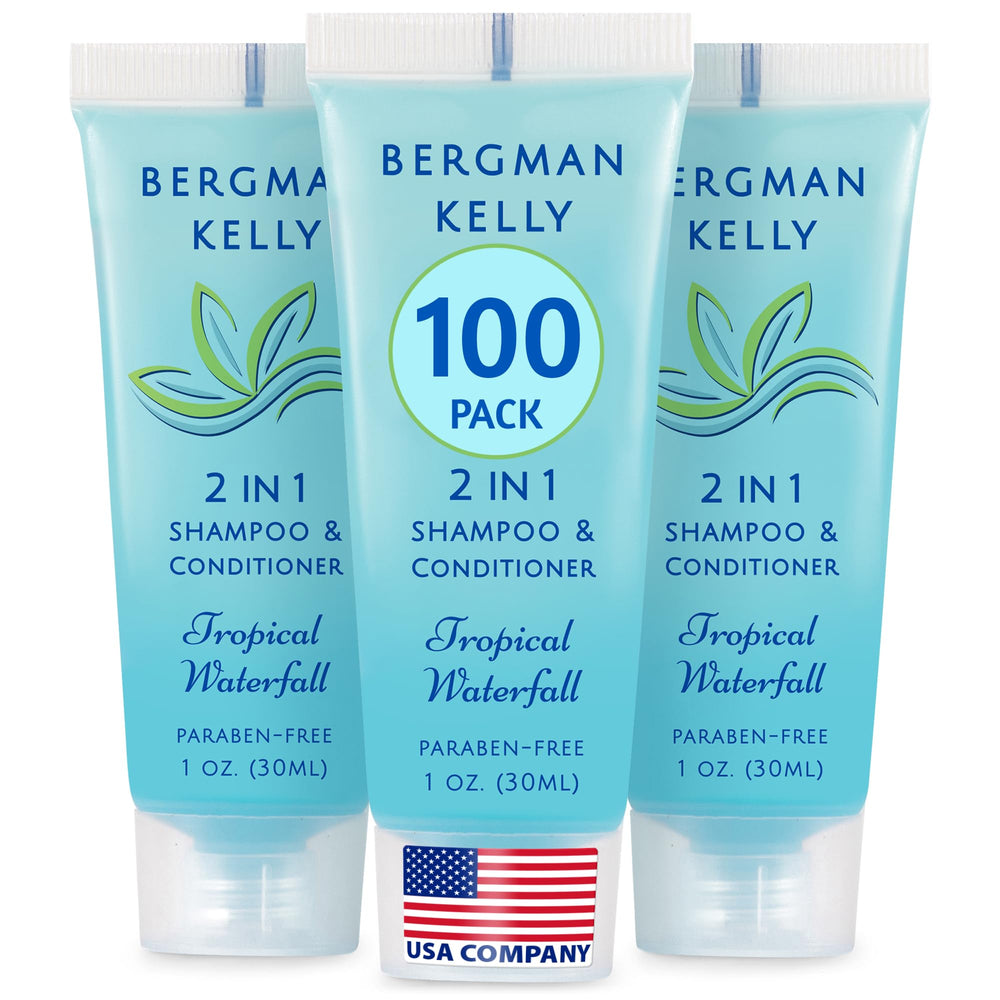 Bergman Kelly travel-size 2-in-1 shampoo and conditioner bottle with tropical waterfall aroma for guests.