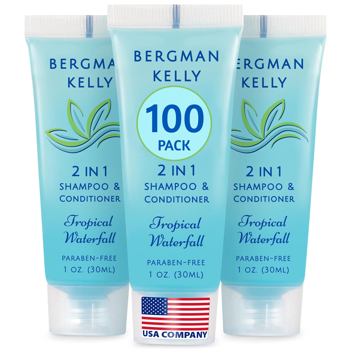 Bergman Kelly travel-size 2-in-1 shampoo and conditioner bottle with tropical waterfall aroma for guests.