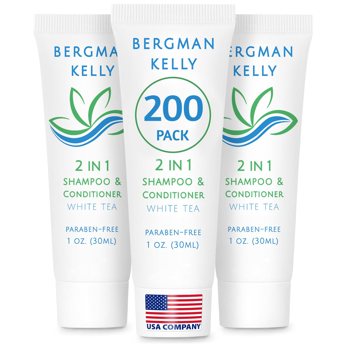 BERGMAN KELLY travel-size 2in1 bottle with white tea scent in guest bathroom