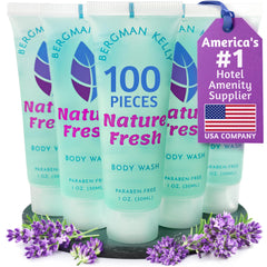 BERGMAN KELLY travel size body wash front view, compact and TSA-friendly for hotel guest rooms.