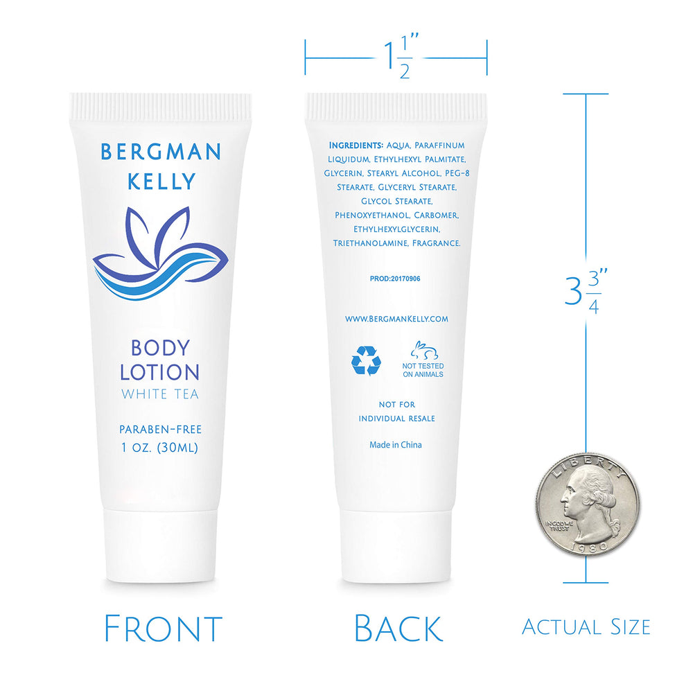BERGMAN KELLY white tea conditioner bottle, travel-friendly 1 oz for guest bathrooms.