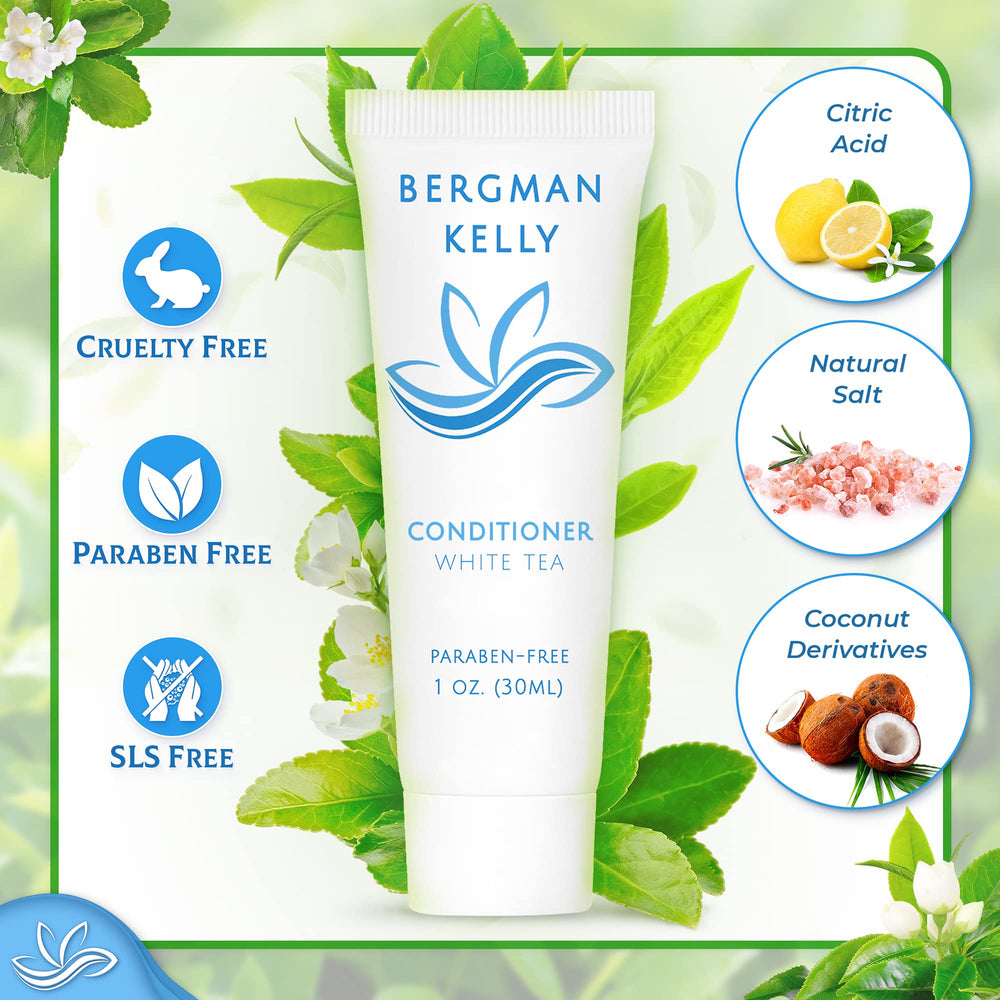 BERGMAN KELLY white tea shampoo bottle, 1 oz, ideal for hotel stays.
