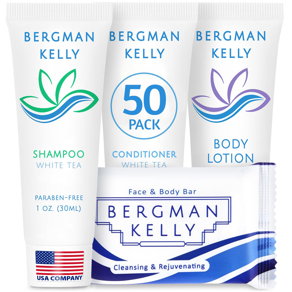 BERGMAN KELLY white tea soap bar in leak-free wrap for hotel guests.
