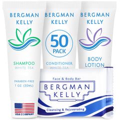BERGMAN KELLY white tea soap bar in leak-free wrap for hotel guests.