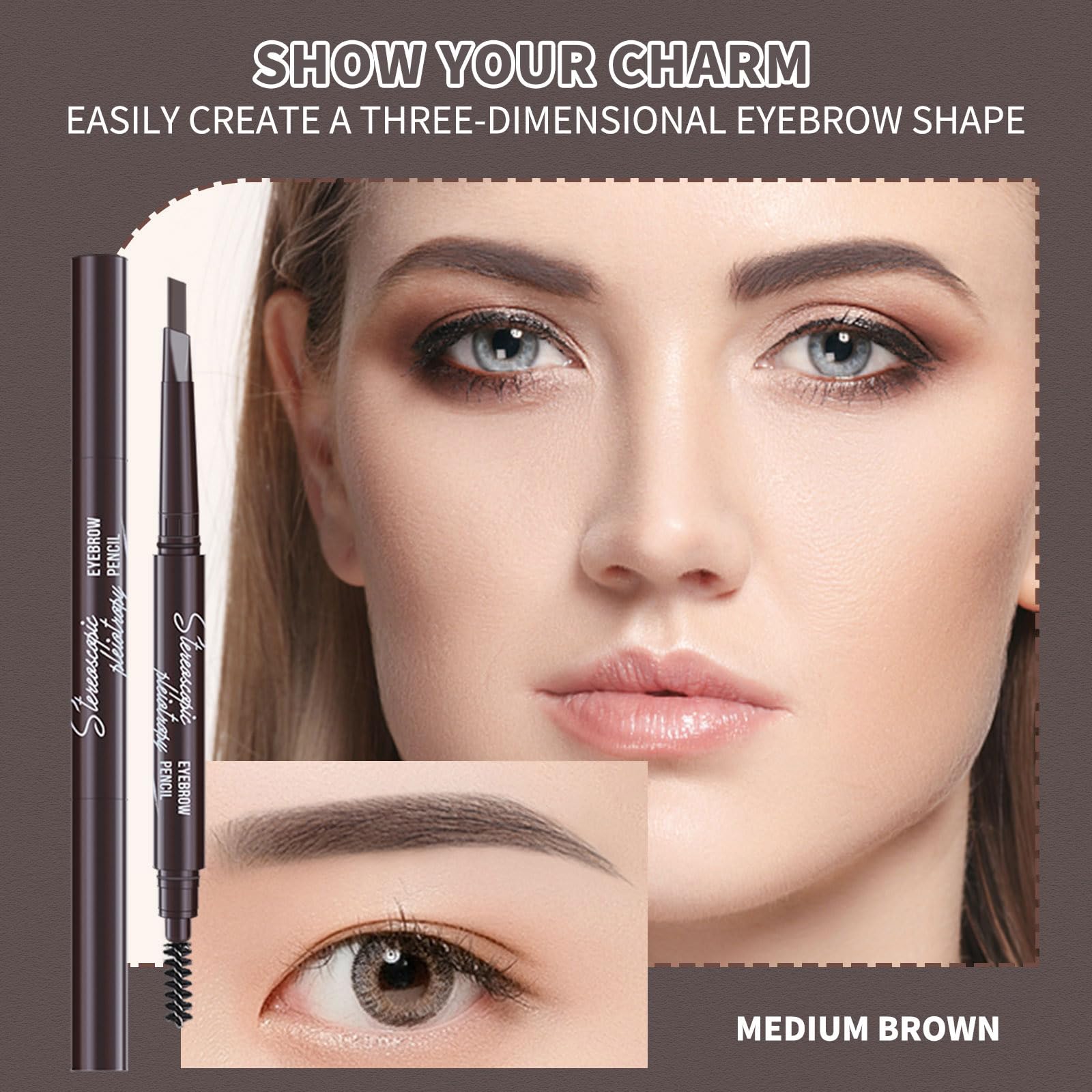 Berinist dual-end eyebrow pencil highlighting precise outline and blending brush