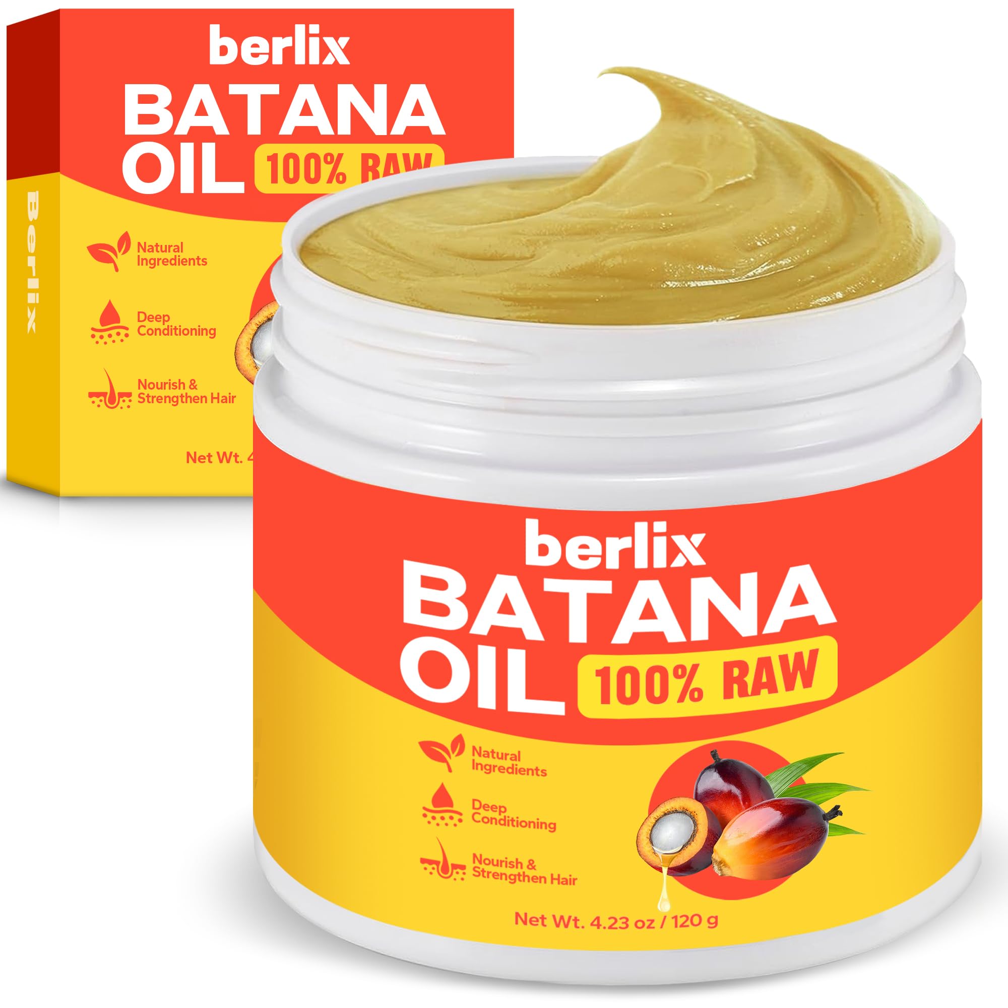 Berlix Batana Oil Paste jar closeup, pure formula for hair nourishment.