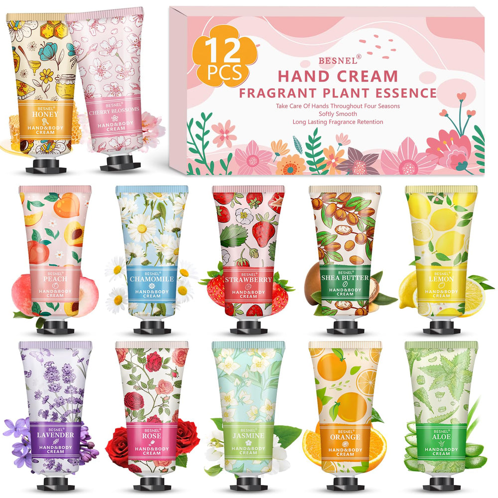BESNEL 12-pack hand cream gift set with variety fragrances for daily moisture.
