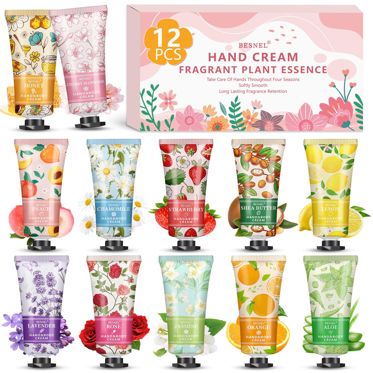 BESNEL 12-pack hand cream gift set with variety fragrances for daily moisture.