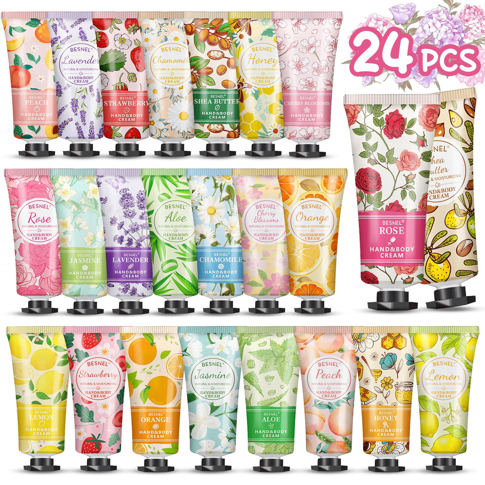 Besnel 24-pack gift set with rose and lavender hand creams for daily mood boosts.