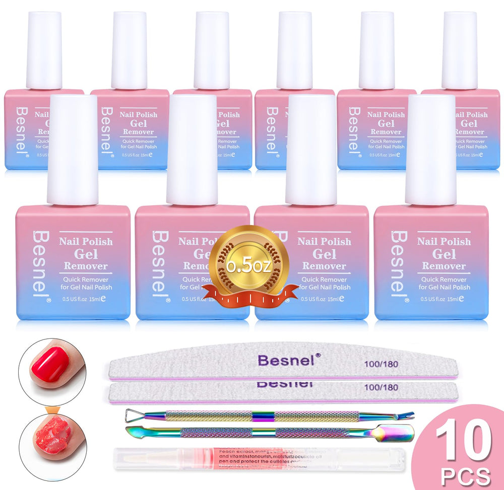 Besnel gel nail remover 10-pack bottle demonstrates quick gel removal at home.