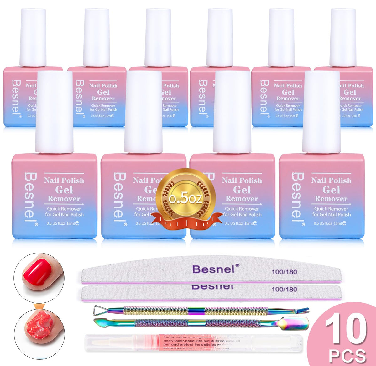 Besnel gel nail remover 10-pack bottle demonstrates quick gel removal at home.
