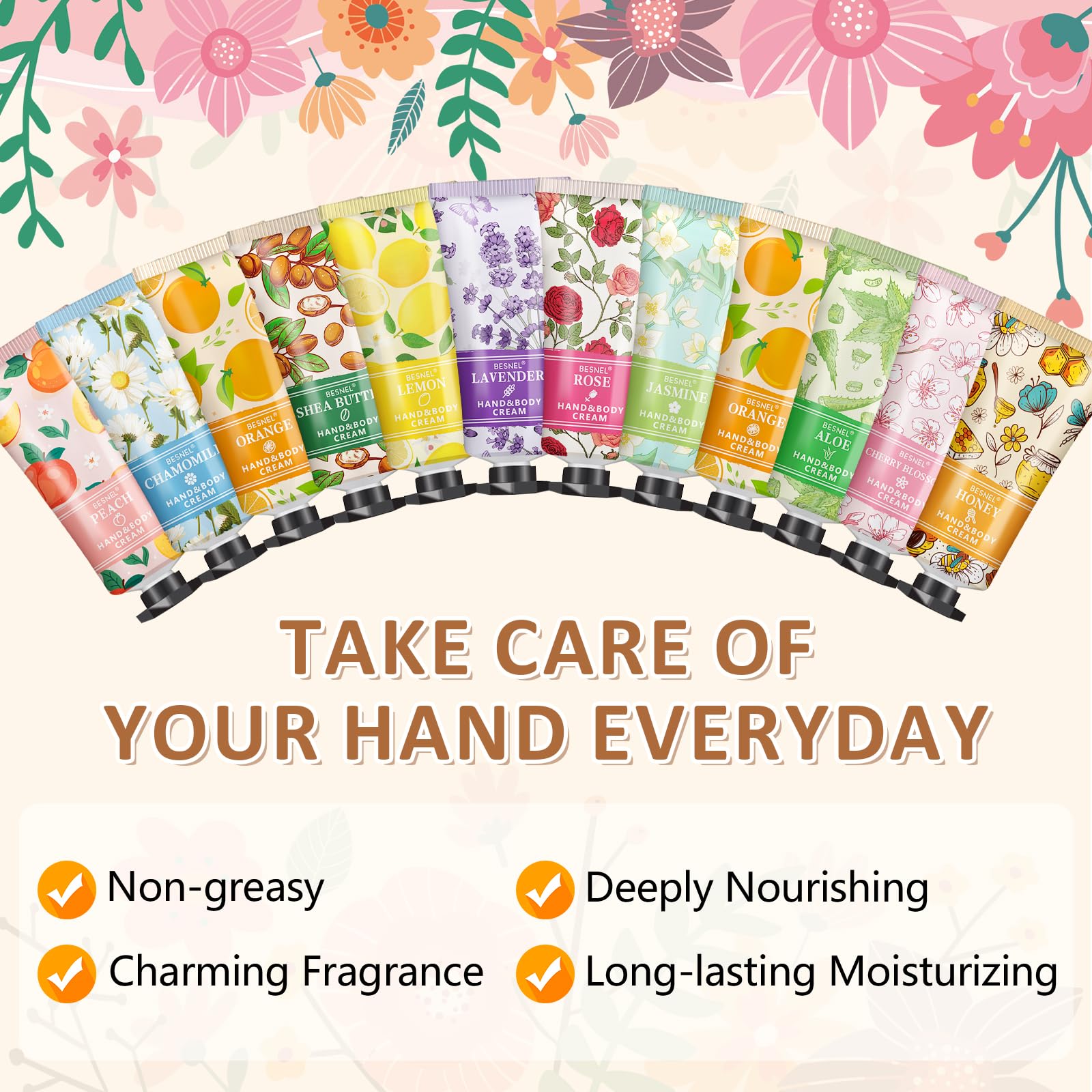 BESNEL lavender hand cream bottle showing calming scent and quick absorption.