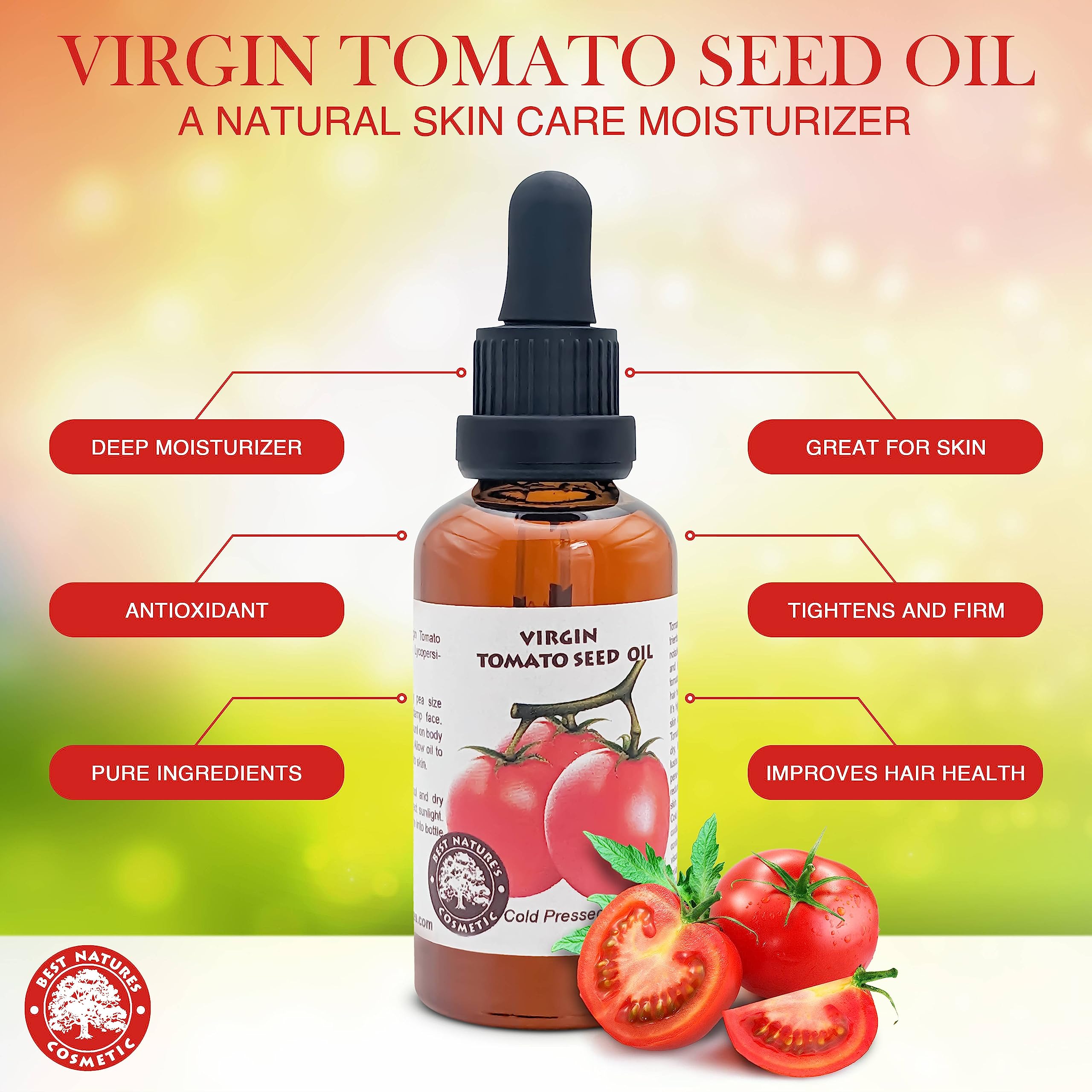 Hands applying tomato seed oil for lightweight skin hydration.