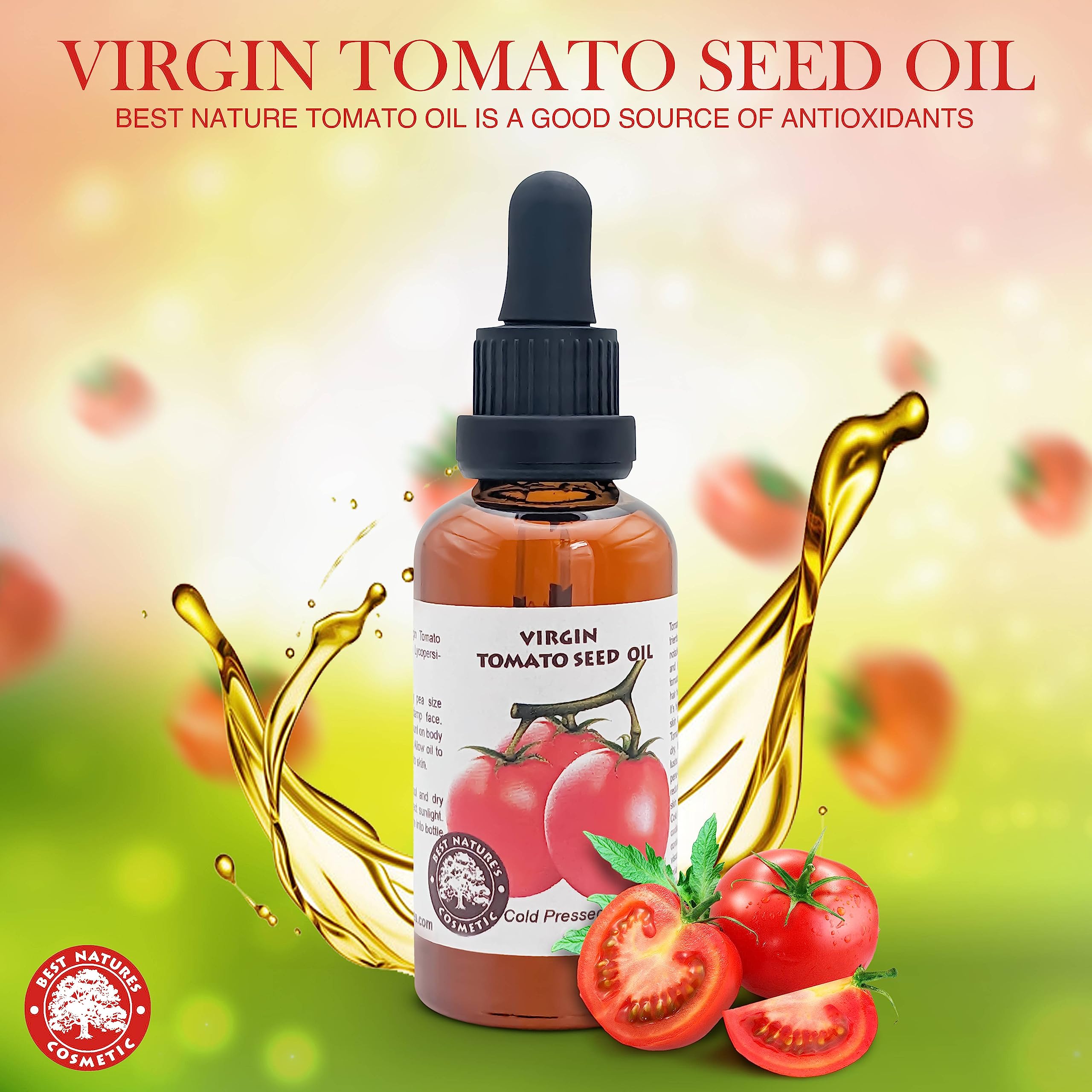 Label highlights 100% tomato seed oil from India.
