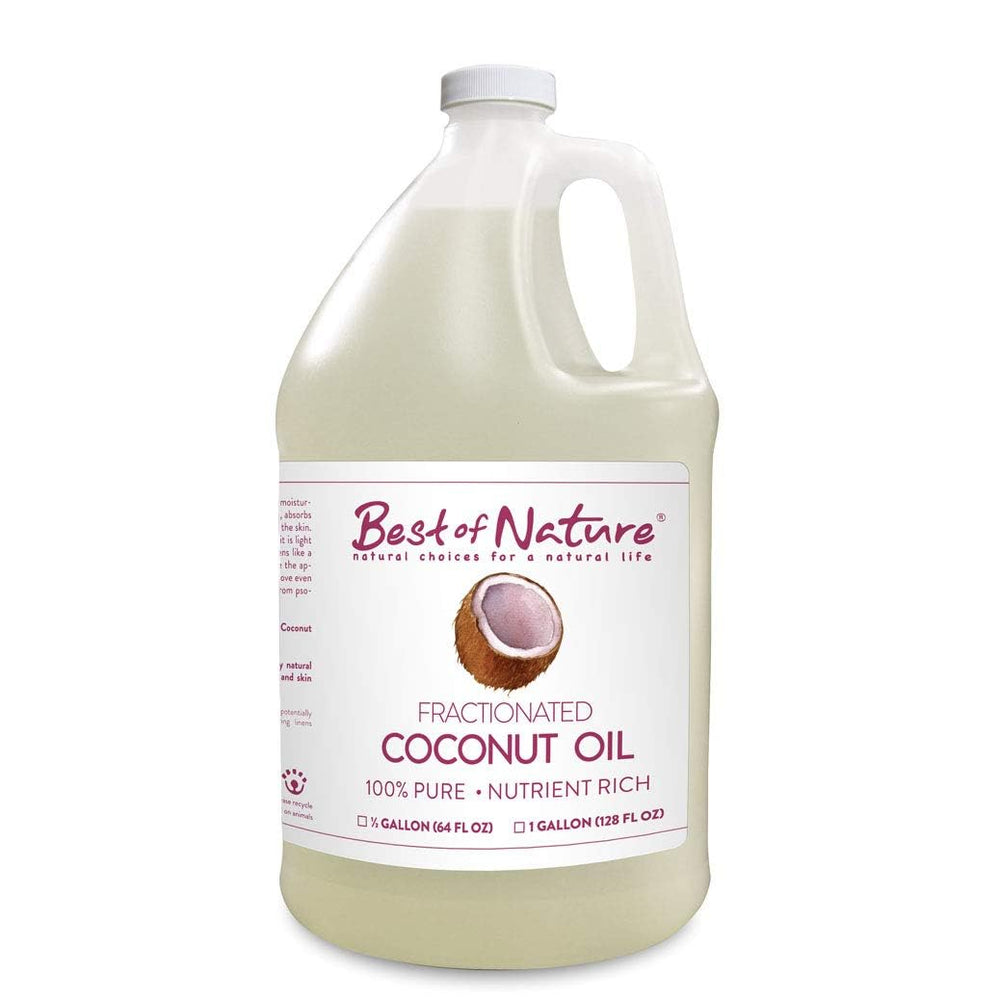 Best of Nature fractionated coconut oil bottle pour for lightweight hydration and quick absorption.