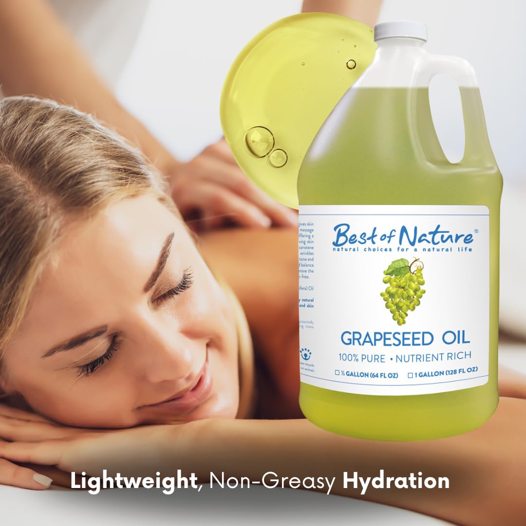 Best of Nature grapeseed oil label closeup highlights clean formula suitable for sensitive skin.