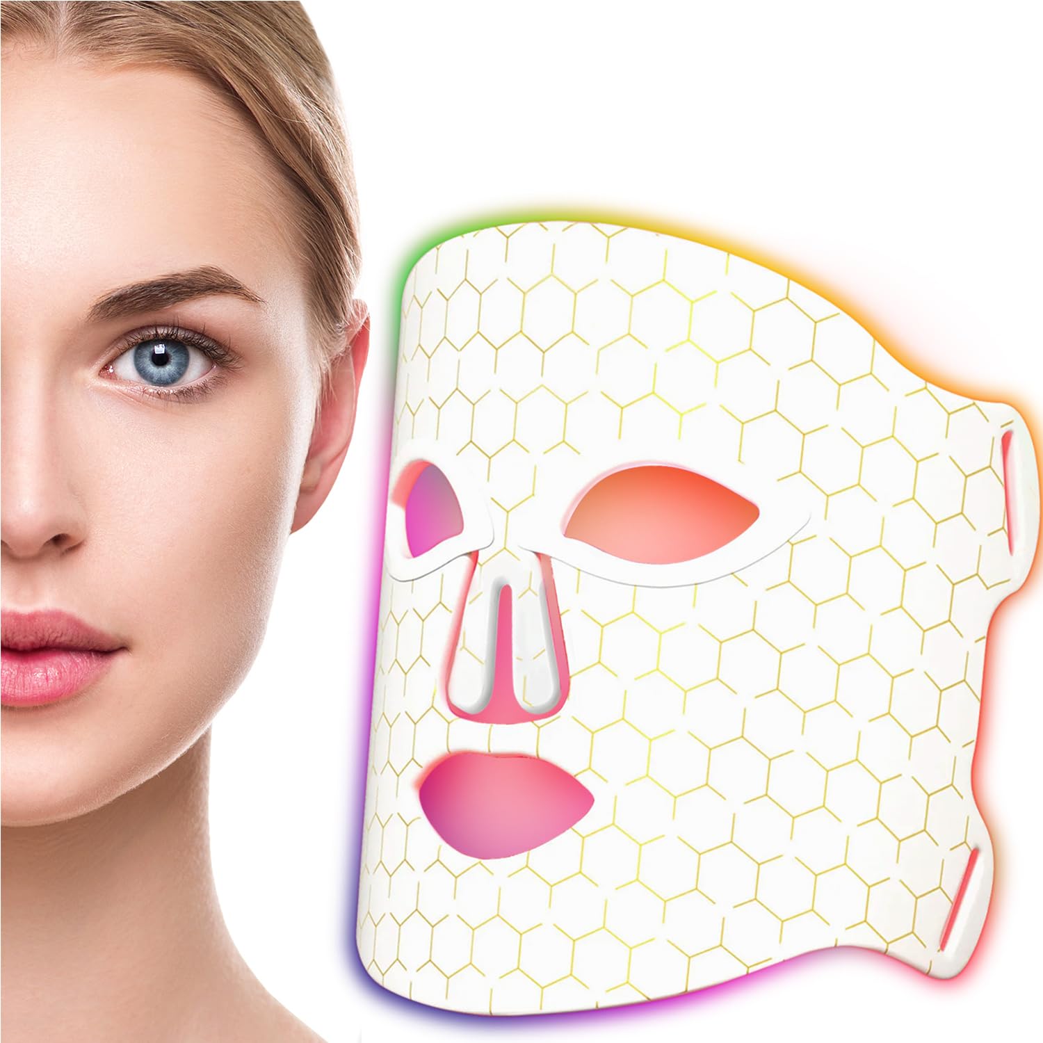 Betgod LED red-light mask on the face for at-home skin rejuvenation.