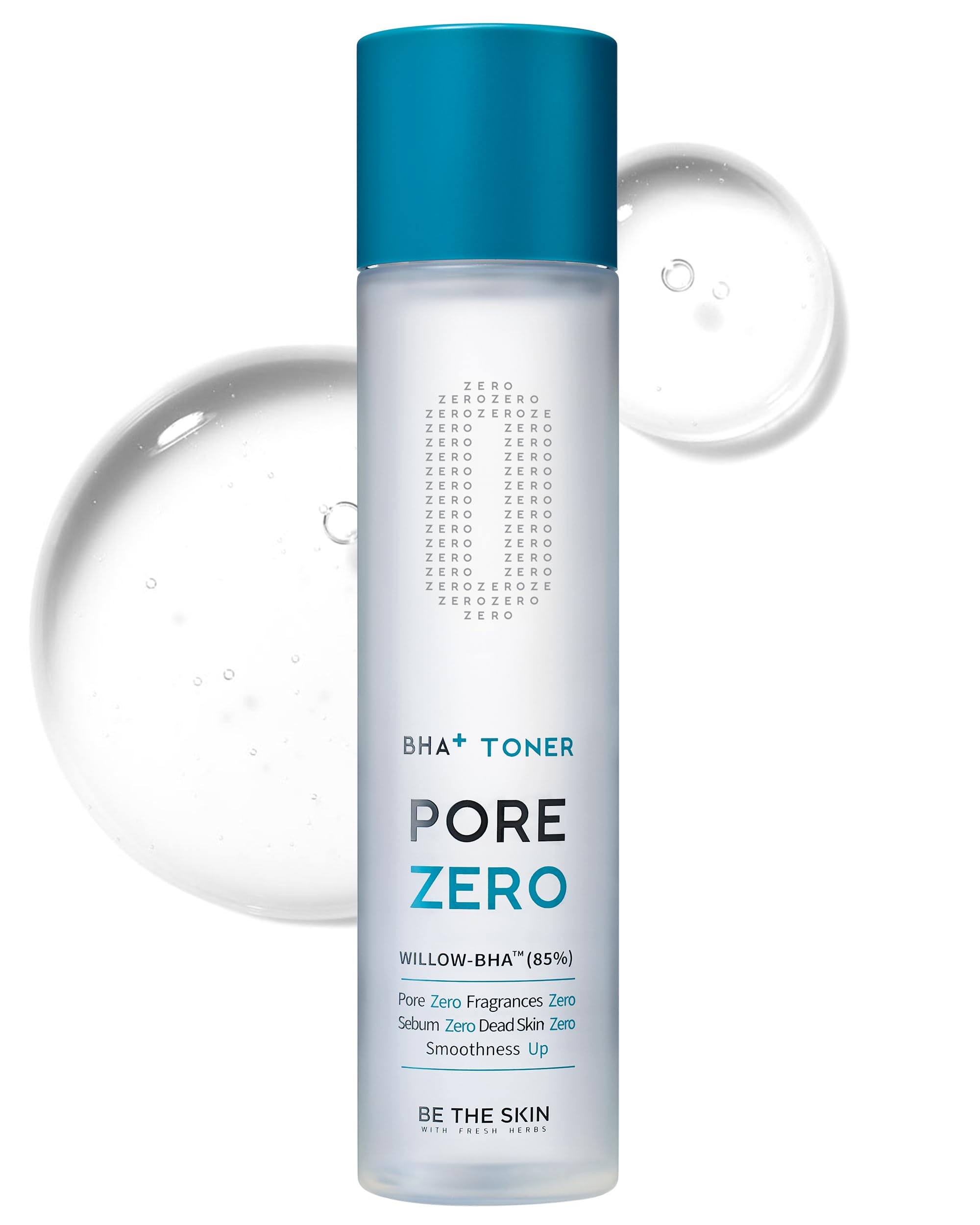BE THE SKIN BHA+ Pore Zero toner bottle close-up showing pore refining formula.