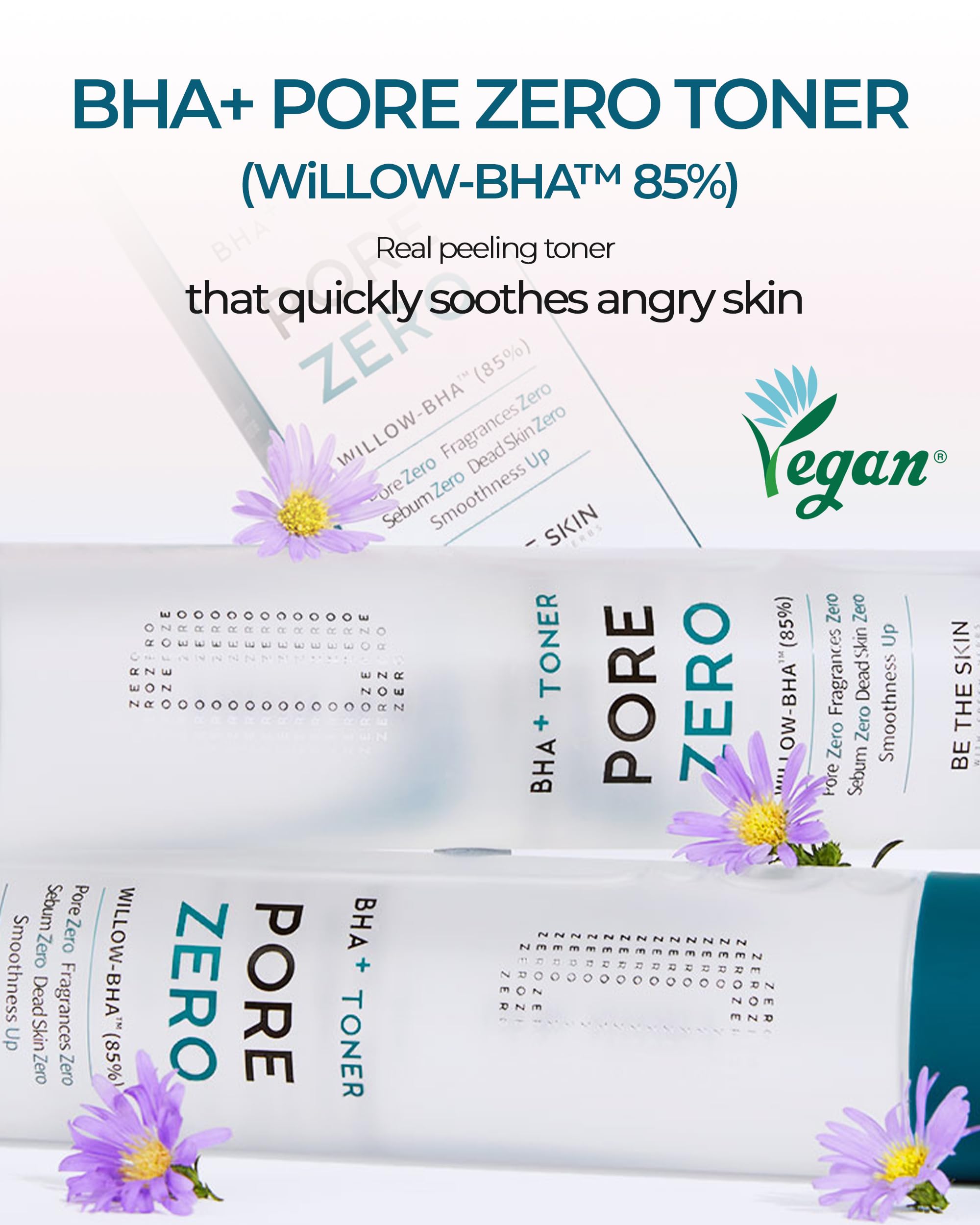 BE THE SKIN BHA+ Pore Zero toner on cotton pad, highlighting gentle exfoliation.