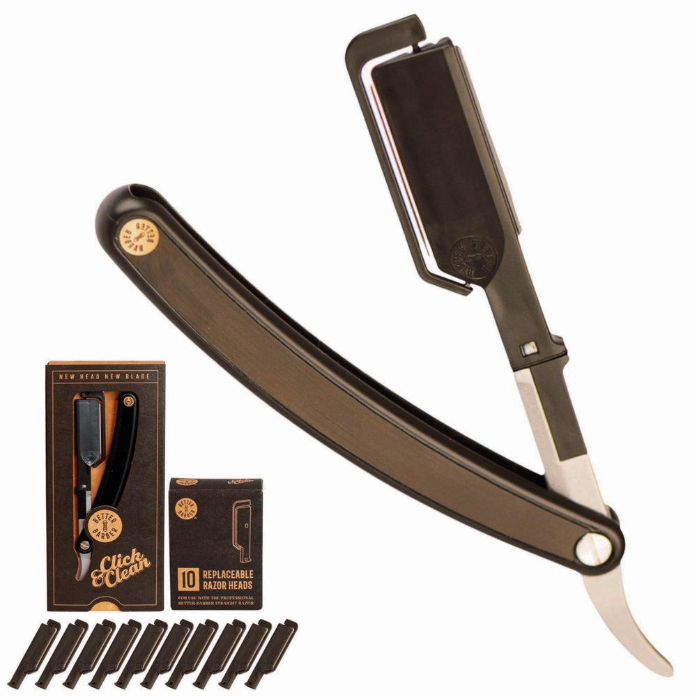 Better Barber patent straight edge razor handle grip for precise shaving control.