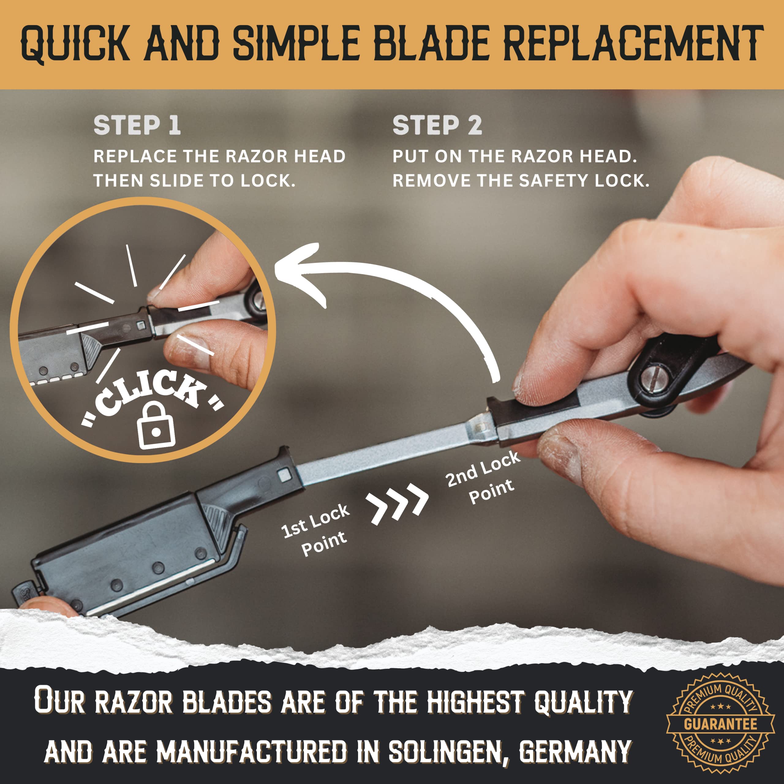 Better Barber two-step blade replacement system for quick blade changes.