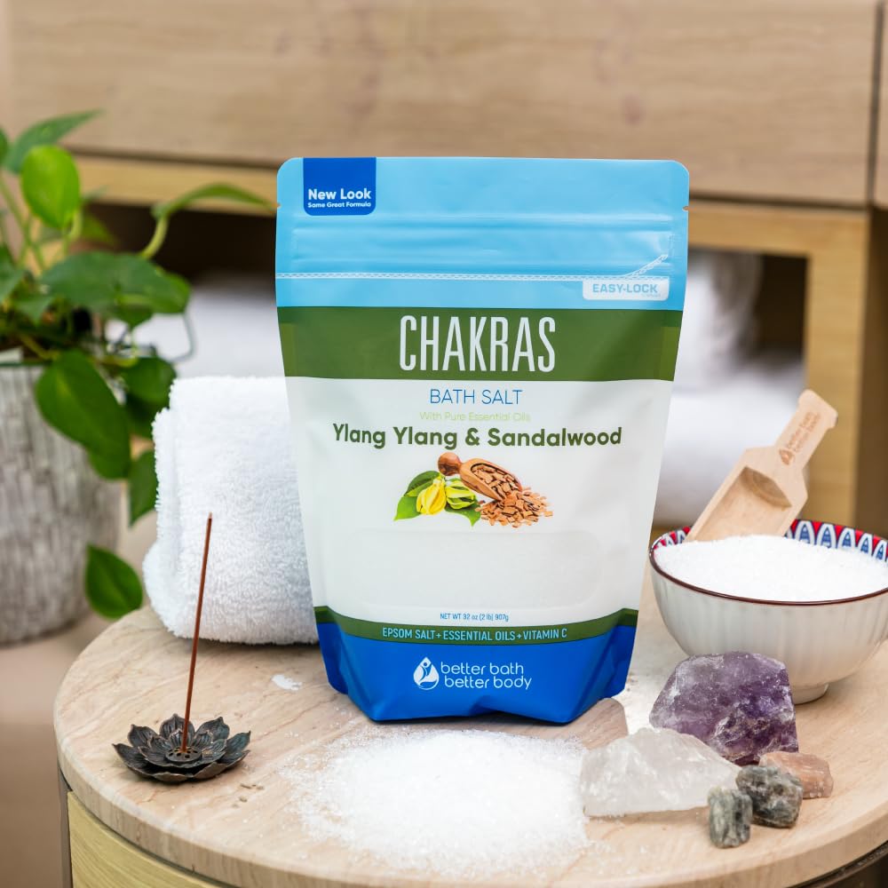 Chakras bath salt from Better Bath Better Body visible in a warm bath scene.