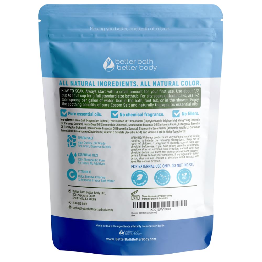 Close-up of Better Bath Better Body chakras bath salt ingredients and essential oils.