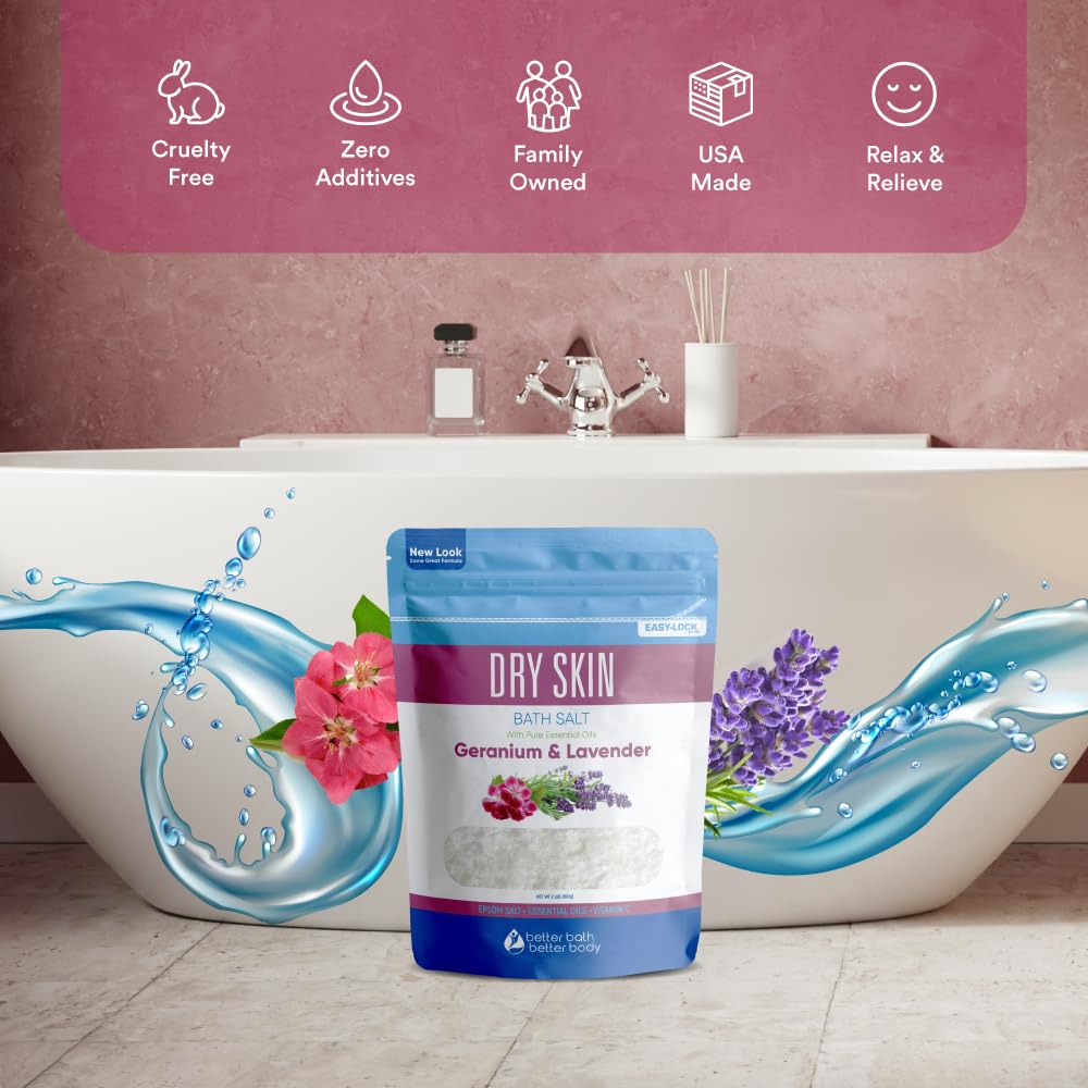 Close-up of lavender and geranium essential oils in Better Bath Better Body blend.