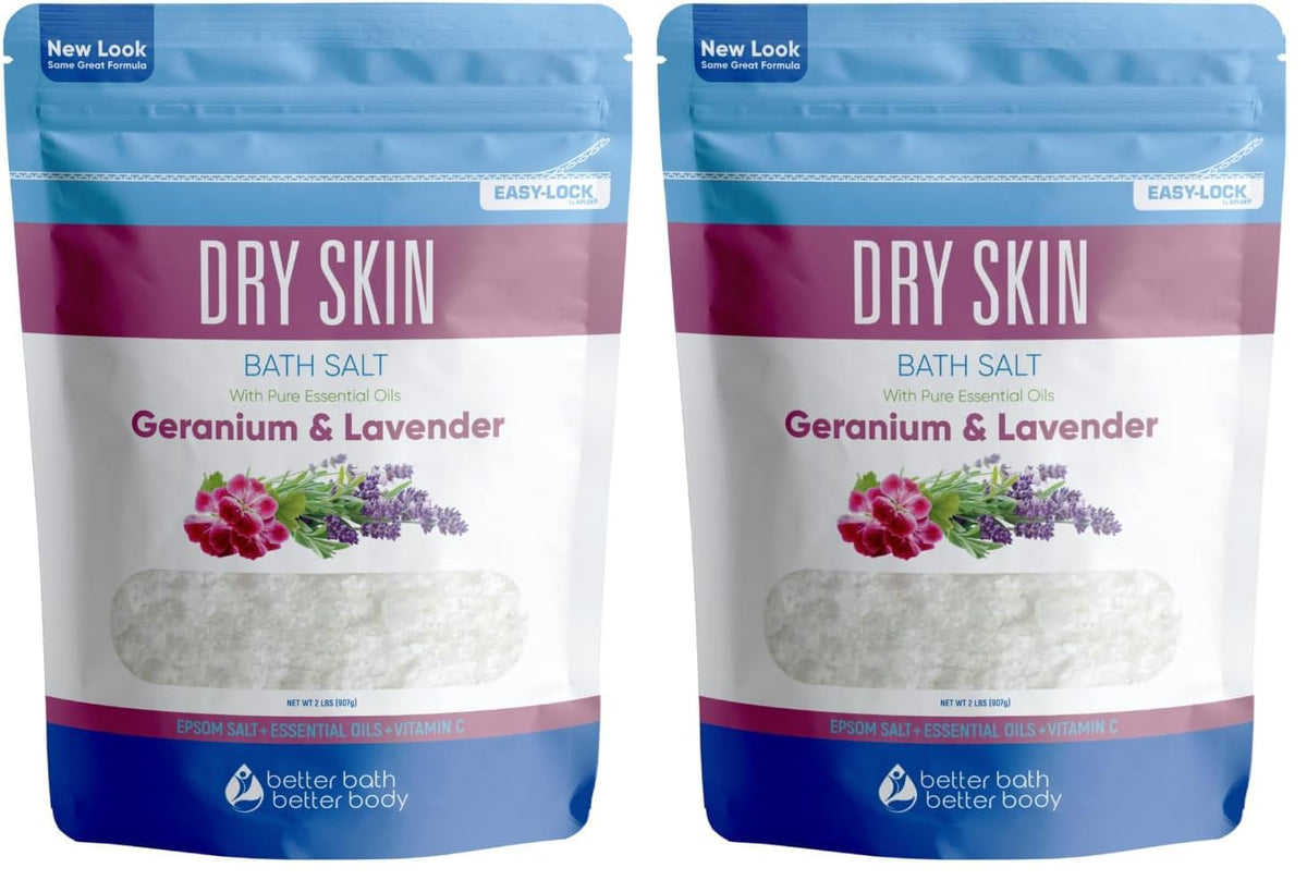 Better Bath Better Body dry skin bath salt packaging in BPA-free pouch for easy storage.
