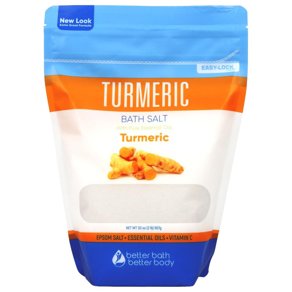 Better Bath Better Body turmeric bath salt bottle with essential oils for a rich, relaxing soak.