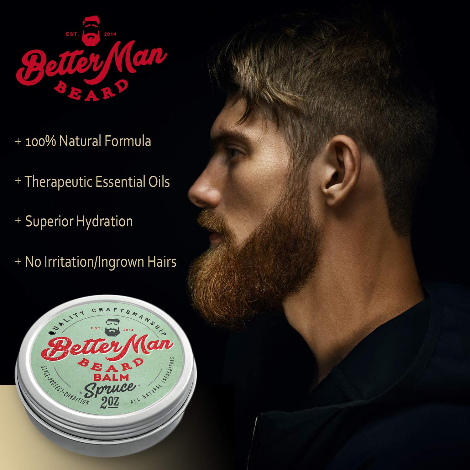 BETTER MAN BEARD Spruce Balm highlights spruce oil and natural formula for facial hair.