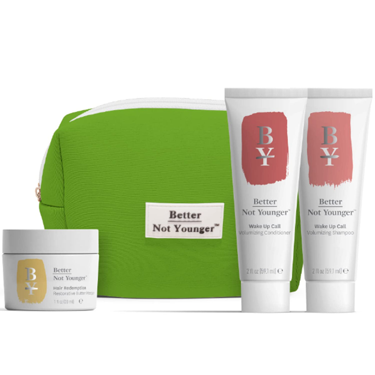 Better Not Younger discovery kit in a stylish travel bag for travel-ready hair care
