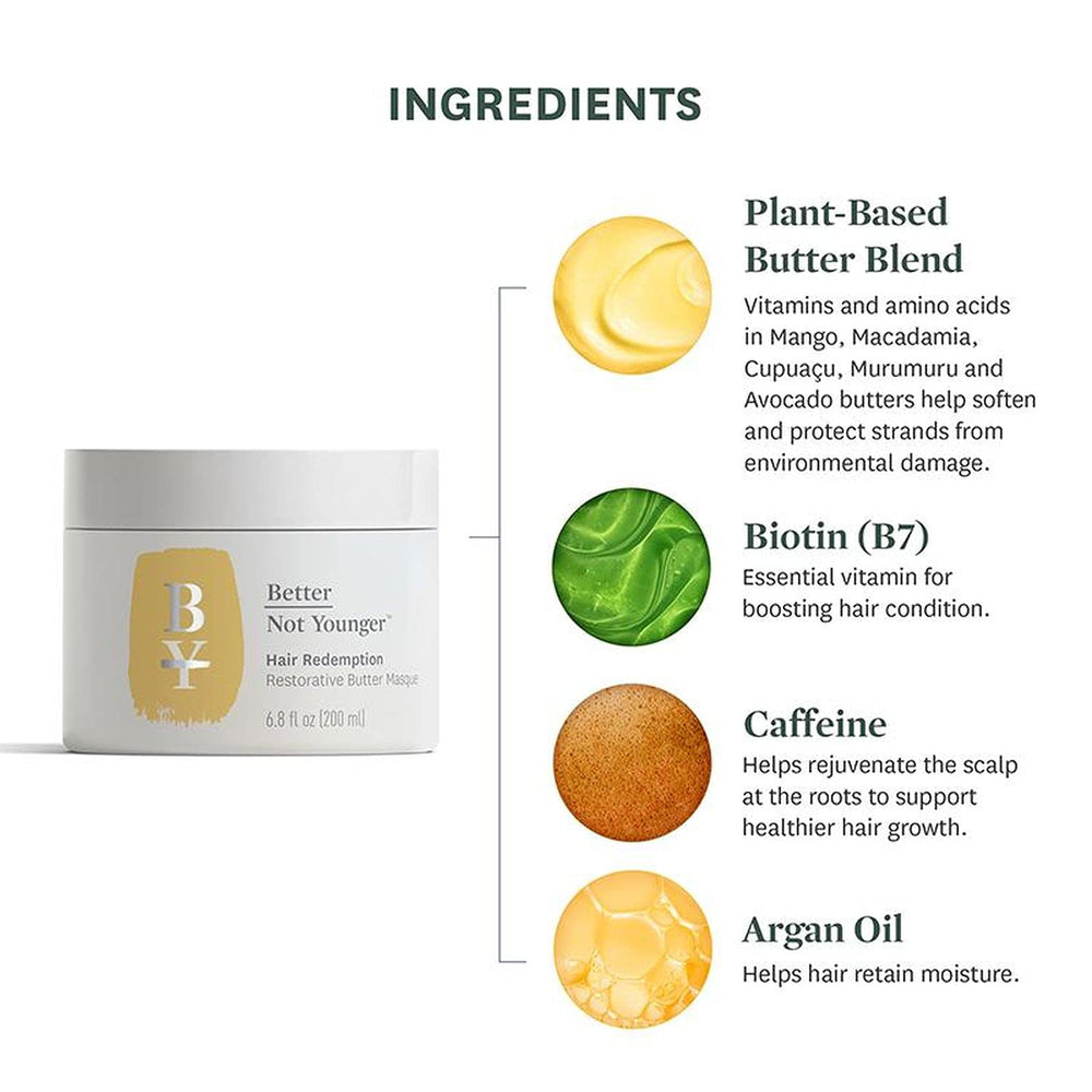 Better Not Younger Hair Redemption Restorative Butter Masque jar softens hair and shields from damage