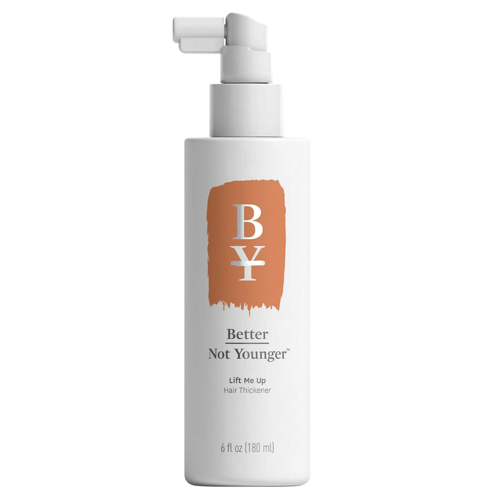 Better Not Younger hair thickener bottle pour showing root lift and fullness.