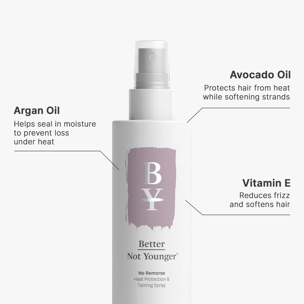 Better Not Younger Heat Protectant spray shields hair during styling