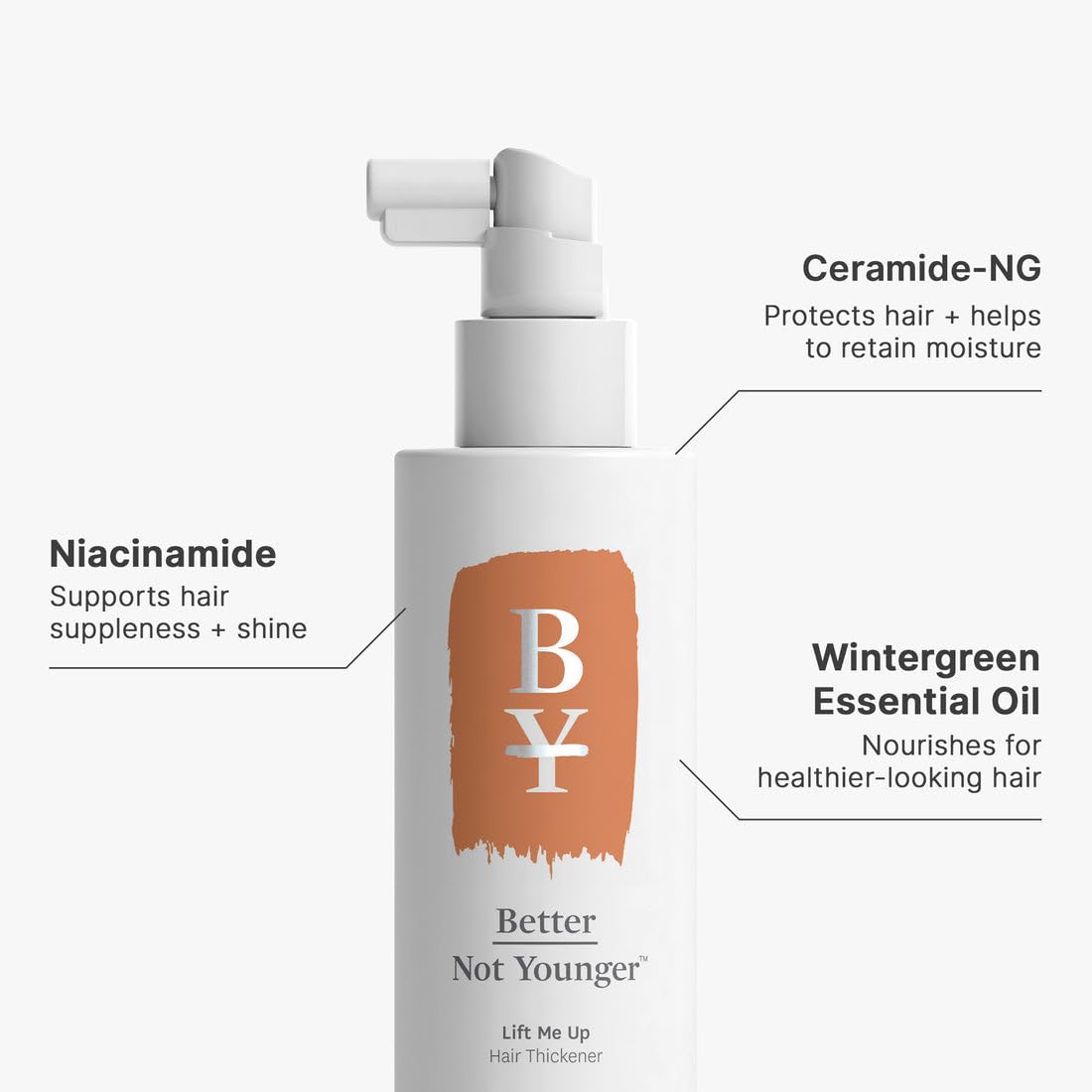 Better Not Younger Lift Me Up bottle application demonstrates frizz control and long wear
