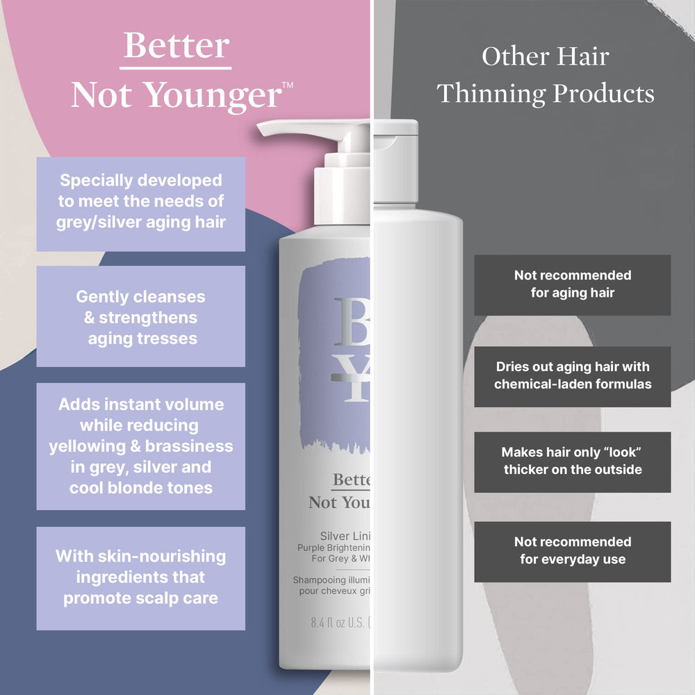 After-use shine from Better Not Younger Silver Lining Shampoo on gray hair