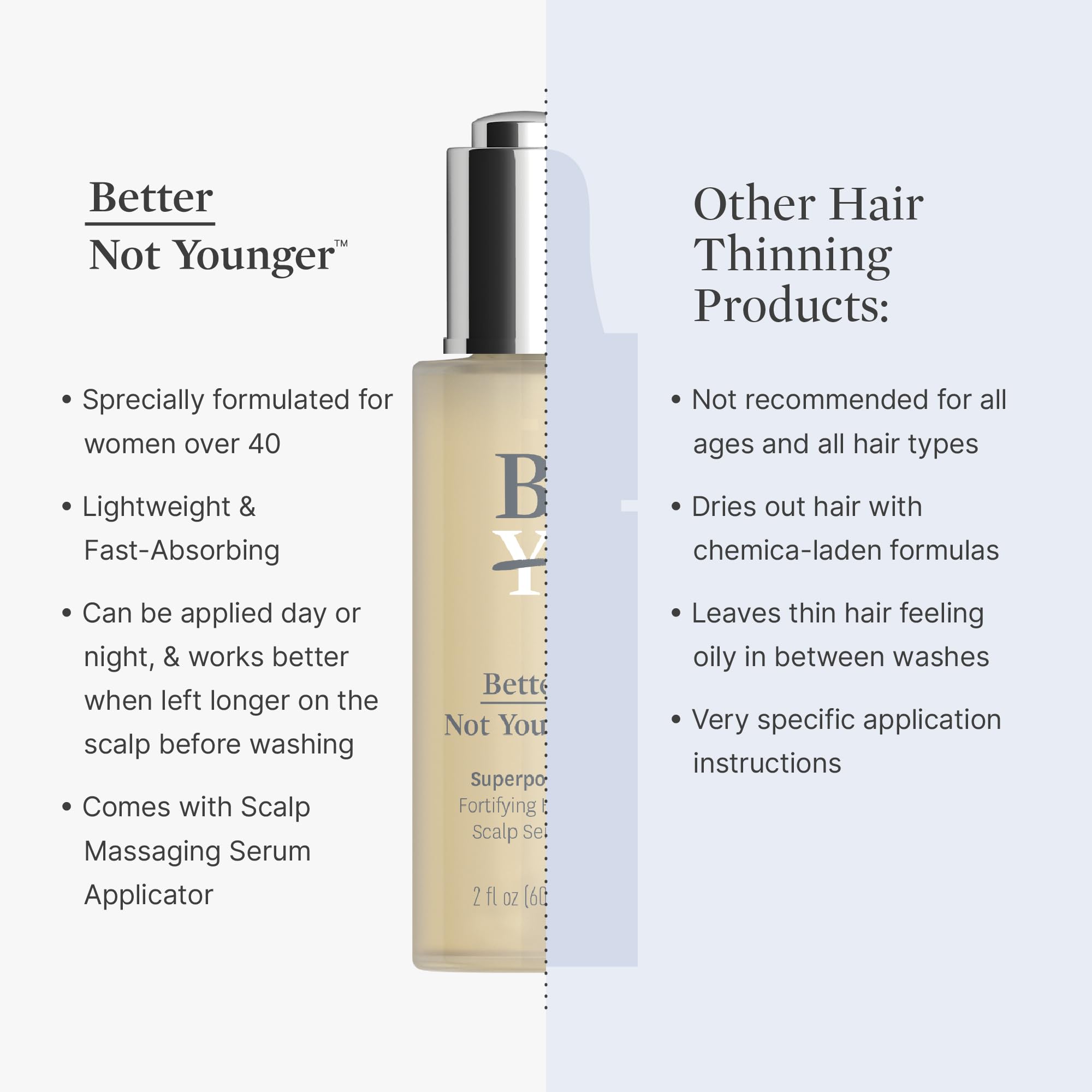 Better Not Younger thinning hair support concept image conveys fuller looking strands
