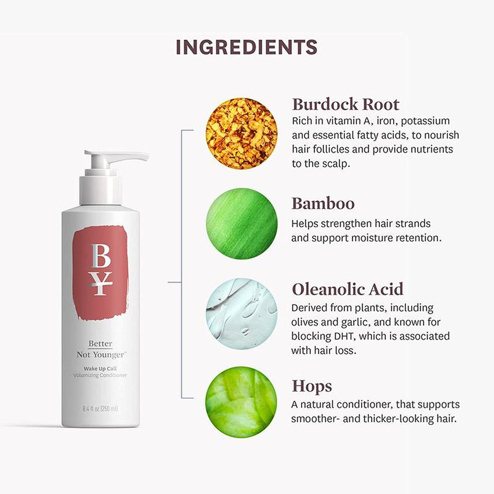 Better Not Younger Wake Up Call Volumizing Conditioner bottle strengthens strands while locking moisture