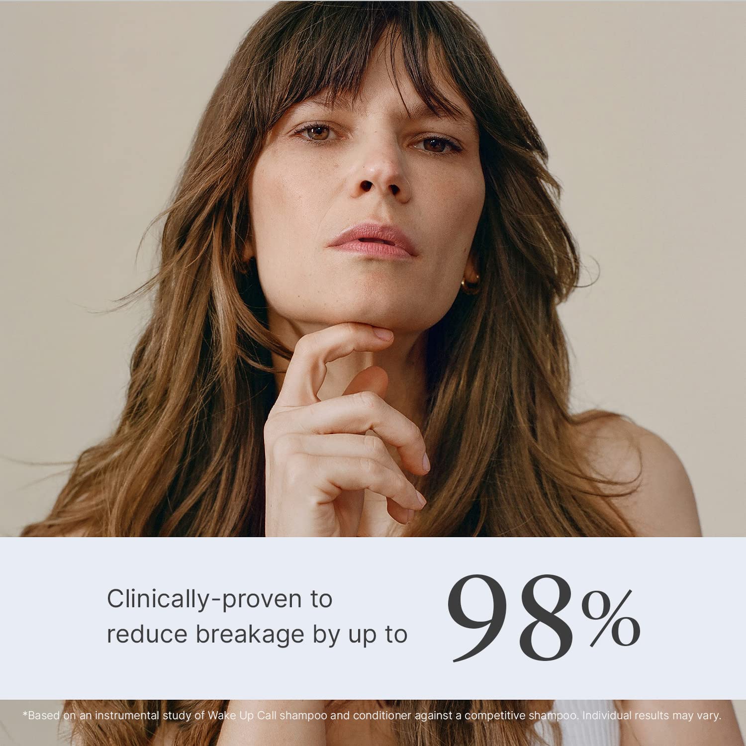 Hair after use shows added volume and shine with Wake Up Call.