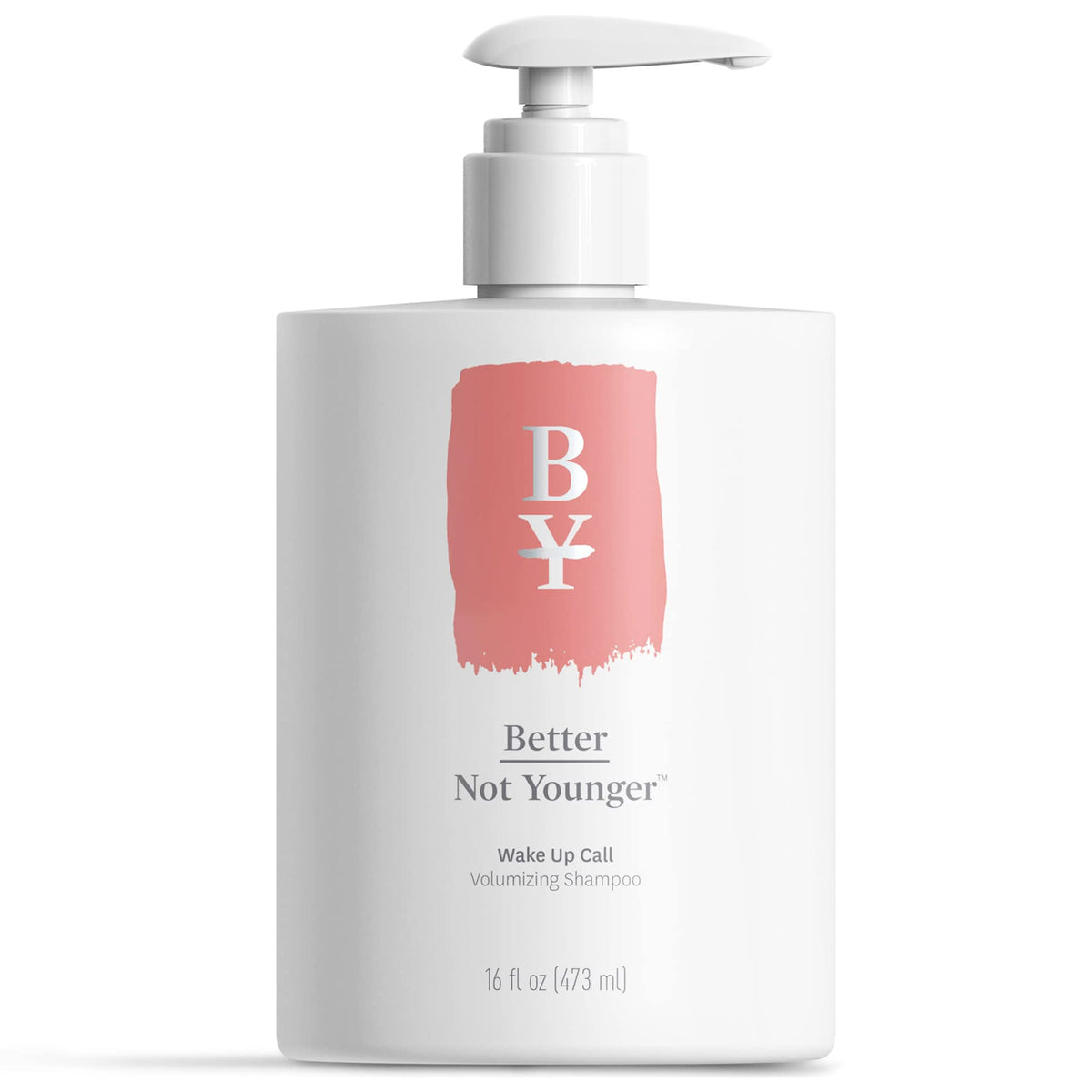 Better Not Younger Wake Up Call shampoo bottle front promotes fuller hair.