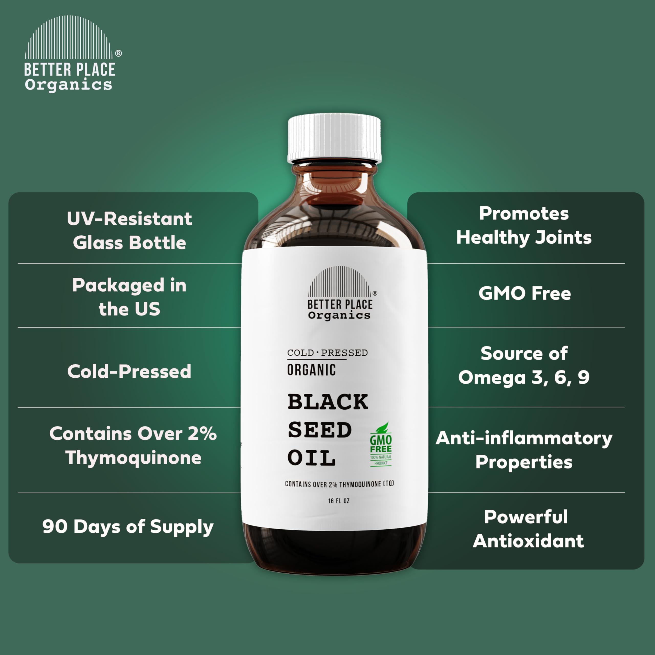 Better Place Organics Black Seed Oil label close-up showing purity.