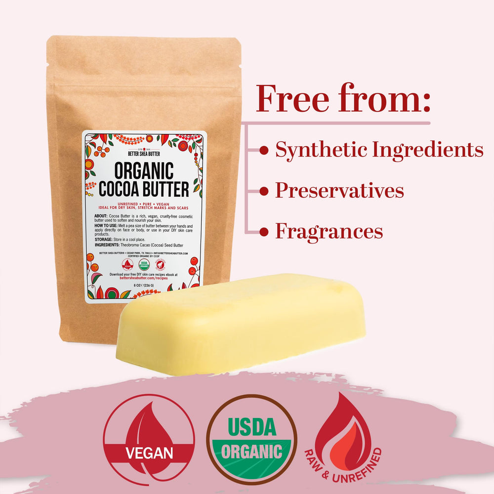 Better Shea Butter organic cocoa butter packaging label emphasizes food-grade quality.
