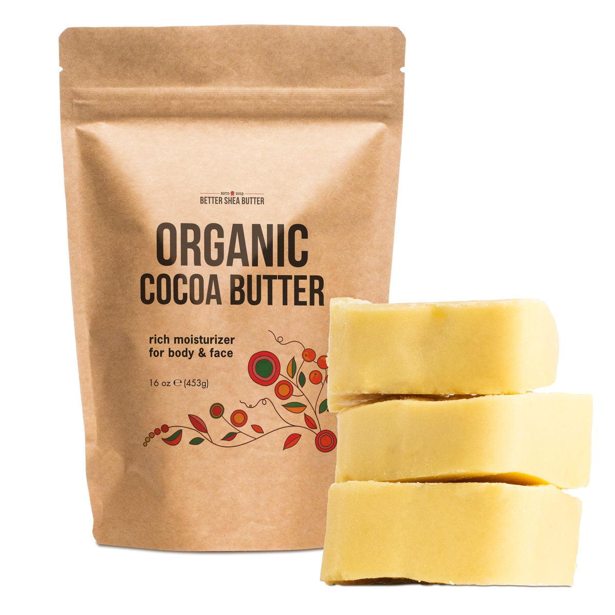 Better Shea Butter Organic Cocoa Butter Block—pure base for moisturizers and DIY body products.